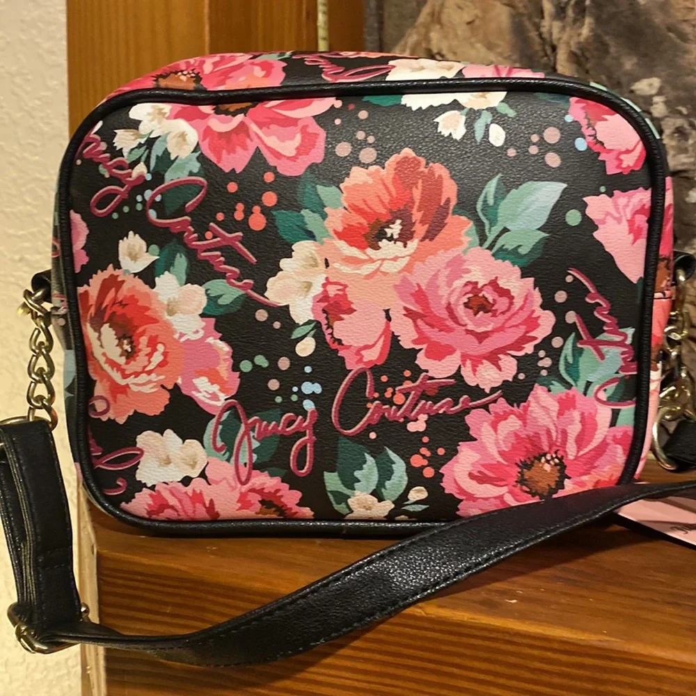 NWT Juicy Couture black with pink floral pattern crossbody purse - Picture 5 of 10